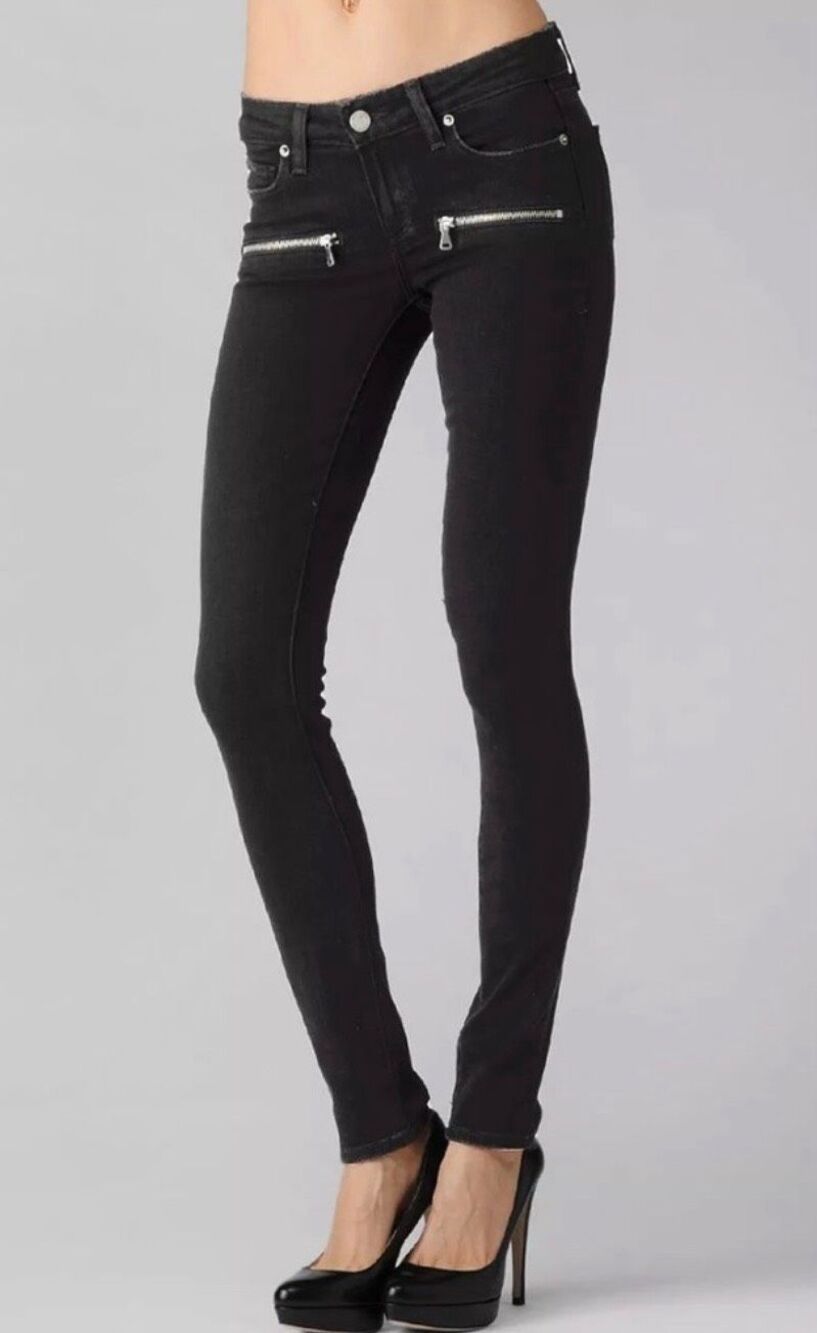 PAIGE Black Skinny Jeans Women’s 28 Moto Zip Pocket Stretch Denim